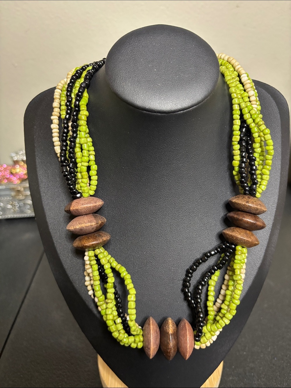 Boho Multi-Strand Wood Chunky Seed Bead Necklace Statement Multistrand Resort